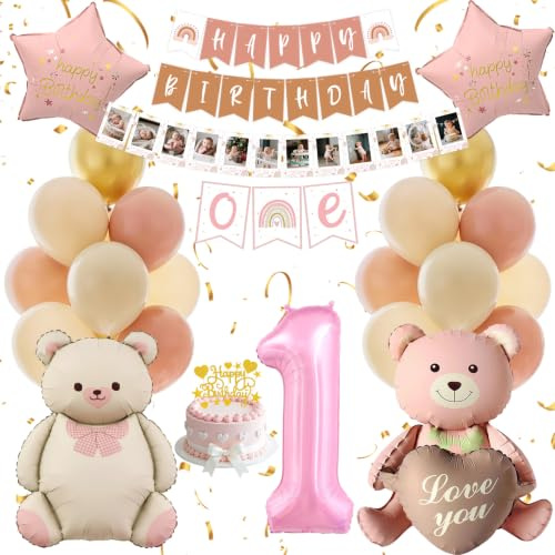 Decorazioni Compleanno 1 Anno Orso Rosa con Kit Palloncini e Festoni | Kit Decorazioni Compleanno 1 Anno con Palloncini Orso Rosa, Numero 1, Festoni Happy Birthday e Banner Foto ONE