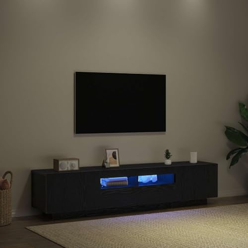 Boltkex Meuble TV noir en bois - 180 x 35 x 40 cm - Meuble TV bas avec bandes LED, USB et espace de rangement pour salon, home cinéma