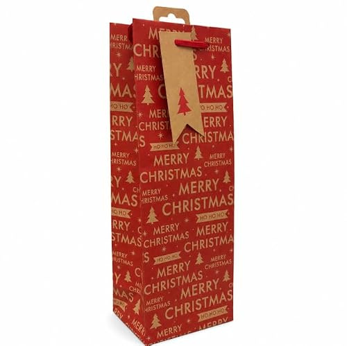 Eurowrap Christmas Bottle Gift Bag Red Kraft with Gift Tag | Merry Christmas Design, Red Ribbon Handle, Kraft Gift Tag Included, Wine & Champagne Size, Ho Ho Ho Pattern