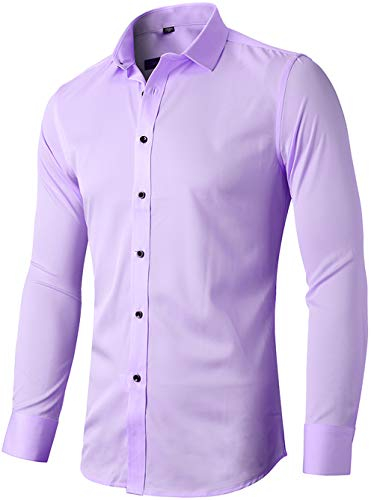 INFLATION Chemise élastique Homme, Manches Longues, Taille ajustée, Casual/Formel, Multiple Couleurs à Choisir,Violet Clair.,42