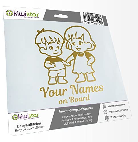 Kiwistar - Babyaufkleber - Gold - Geschwister Junge Mädchen Sticker - mit Wunschtext individuell personalisiert + Baby on Board 20cm - für Auto, Motorrad, Tuning - Aufkleber selbst gestalten