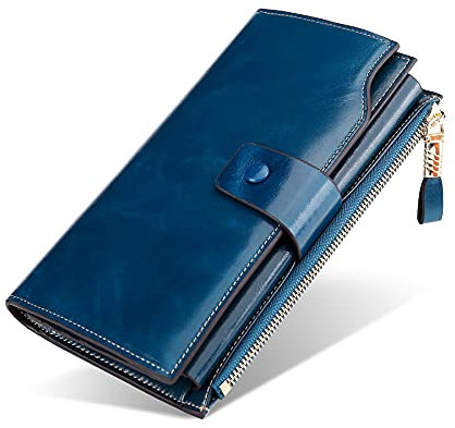 FORRICA Donna Portafoglio in Vera Pelle Lungo Portamonete Cellulare Portafogli Grande Borsellino Donna Borsa Clutch RFID Blocco Porta Carte di Credito Blu