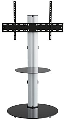 AVF Freestanding Column TV Stand - Silver Pedestal Column TV Stand With Universal VESA Bracket - For Up to 55 Screens - Swivel - Black Safety Glass Shelving - Premium Materials
