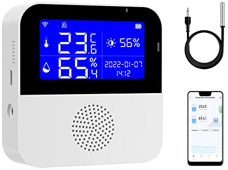 WLAN-Temperatur- und Luftfeuchtigkeitsmonitor, unterstützt Uhr/LED-Display/externe Sonde, intelligentes Thermometer Hygrometer mit Alarm und eingebauter Notfallbatterie, funktioniert mit Alexa