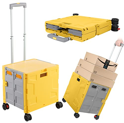 Pieghevole trolley spesa su 4 ruote, Carrello Portaoggetti con Manico Telescopico Regolabile, Cestino Spesa Portatile Resistente da 50 kg con Coperchio per Spesa/Campeggio - Giallo/Grigio