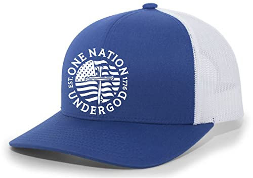 Christian One Nation Under God Est. 1776 Mens Embroidered Mesh Back Trucker Hat, Royal/White, One size