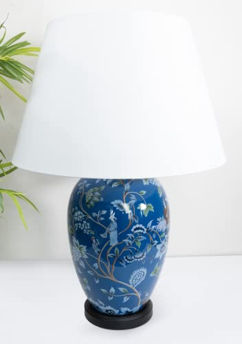 DOWNTON INTERIORS Large Blue Chinese Oriental Ceramic Table Lamp with Green White Floral Pattern Overall Height 61cm (G2106) (White Plain Shade)