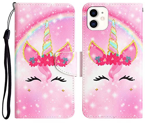 For iPhone 12/12 Pro Case Shockproof Cute Pattern with Credit Card Holder Stand Women Kids Leather Flip Folio Wallet Protective Phone Cover Compatible with iPhone 12/12 Pro - Unicorn