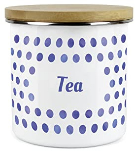Purely Home Indigo Polka Dots Spots Tea Canister - White Metal Enamel Kitchen Food Storage Container