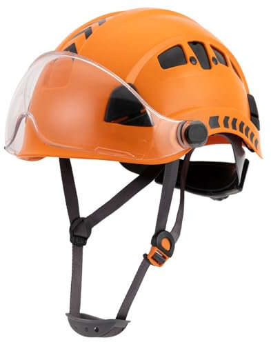 LOHASTOUR Sicherheitshelm mit Visier, Baumpfleger, Forsthelm, ANSI Z89.1, zugelassen, 6pt verstellbare Federung, belüftet, harter Hut mit Kinnriemen für Herren (P06, Orange + klares Visier)