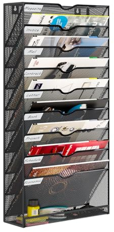 PAG-Mass 10 Fächern Wandorganizer Hängend Dokumentenablage,Metall Zeitschriftenhalter Wand für Büro/Zuhause/Schule,Gibt Ein Zusätzliches Mit Flachem Boden Für Lagerung,Schwarz