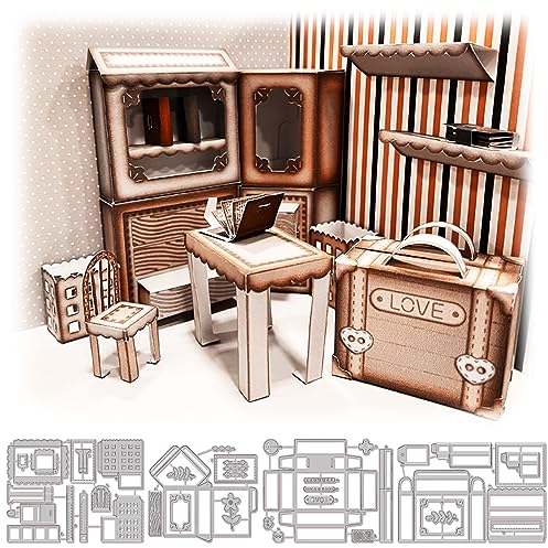 GLOBLELAND 3D Raum Stanzformen Für DIY Scrapbooking Metall Hotelmöbel Stanzungen Prägeschablonen Vorlage Für Papierkarten Dekoration Album Basteldekoration
