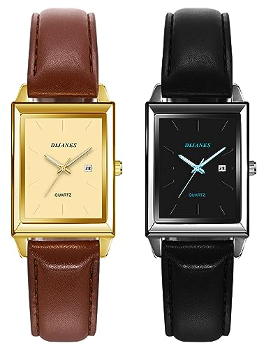 JewelryWe Uhren Damen Leder Rechteckig - 2pcs Elegant Datum Kalender Analog Quarz Armbanduhr Frauen Lässige Uhr mit Rechteckigem Zifferblatt und Schwarz/Braun Leder Armband