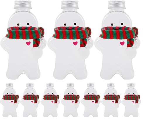 Luxshiny Lebkuchenmann-Saftflasche, wiederverwendbar, Kunststoff, für Milch, Saft, Getränke, leere Flaschen, Getränkebehälter mit rot-grünem Schal, 500 ml, 10 Sets