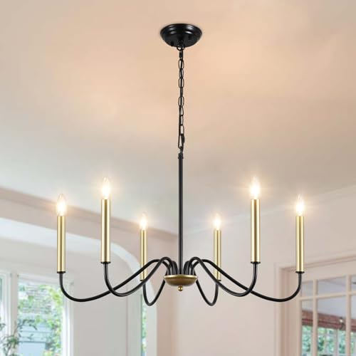 ASHUAQI Kronleuchter Schwarz Gold, 6 Flammige Modern Wohnzimmerlampe Klassische Kerze Kronleuchter Vintage, Metall Pendelleuchte Esstisch mit E14 Fassung, Lampe für Wohnzimmer Küche Schlafzimmer Flur