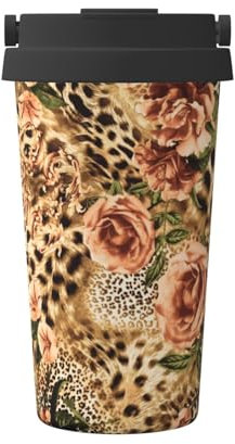 KIROJA Isolierter Kaffeebecher mit Tragegriff/Deckel, gestreifter Leopardenmuster, Edelstahl, Reisebecher, Kaffeetassen zum Warmhalten von Eis und Eis