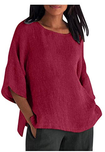 KOG Damen Tshirts Mode Einfarbig Kleidung Sommer Kurzarm Tee Frauen Tee T-Shirt Fashion Mode Motiv Hemd V-Ausschnitt Basic Tops Wein 3XL