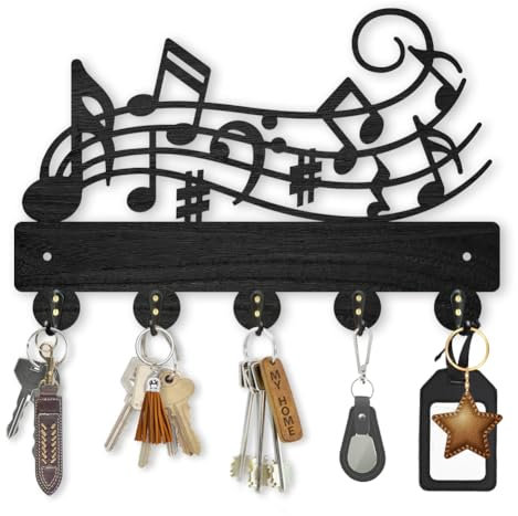 MAYJOYDIY Crochet mural en forme de notes de musique 30 x 20 cm Porte-clés mural en bois avec 5 crochets en alliage noir Porte-chapeaux pour chapeau, serviette, entrée