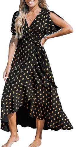 CUPSHE Women Summer Wrap Maxi Dress - Casual Split Flared Sleeve V-Neck Ditsy Dress with Tie Waist Ruffle - Black XS