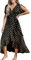 CUPSHE Women Summer Wrap Maxi Dress - Casual Split Flared Sleeve V-Neck Ditsy Dress with Tie Waist Ruffle - Black XS