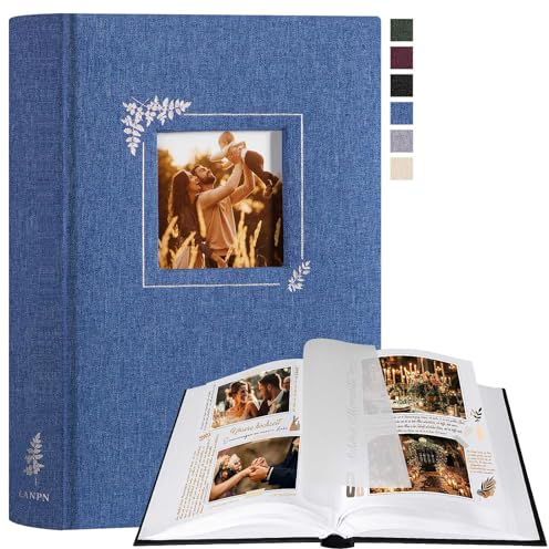 Lanpn Fotoalbum zum Selbstgestalten und Einkleben, Kleines Leinen Fotobuch Fensterdesign 60 weißen Seiten mit Pergamin Trennblätter Fasst 9x13cm 10x15cm 13x18cm Fotos (19x27cm, Blau)