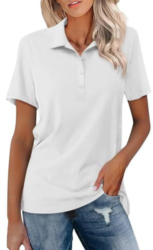 Polo d'été à manches courtes pour femme - Style décontracté - Avec un quart de bouton - En coton classique - Pour le sport, le golf, le tennis, blanc, M