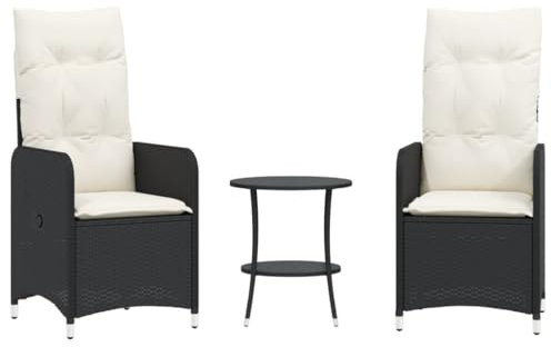 vidaXL Gartensessel mit Tisch 2 STK., Gartenstuhl Verstellbare Rückenlehne, Loungesessel für Garten Terrasse, Relaxsessel, Schwarz Poly Rattan