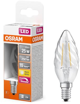 OSRAM LED Superstar Classic Lampe mit Filament in klassischer gedrehter Minikerzenform, klares bleifreies Glas, 2.8 W, 250 lm, warmweißes Licht (2700 K), E 14 Sockel, 35 mm Durchmesser, IP20, dimmbar.