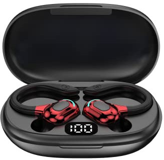 DOMIKIT Oreillettes sans Fil Bluetooth 5.2, Universel, Tour d'oreille 360°, Micro Intégré, 60 Heures de Lecture, Batterie 70mAh Chargeur Type-C 300mAh, 8D steréo, Option d'écoute indépendante (Rouge)