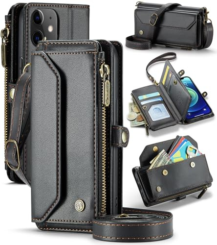 UFinetech Crossbody Wallet Case Hülle für iPhone 12 Mini - RFID-Blockierung, Kabelloses Laden, Stoßschutz, Verstellbarer Gurt, Kartenfächer, PU-Leder, Integrierter Ständer, Schwarz