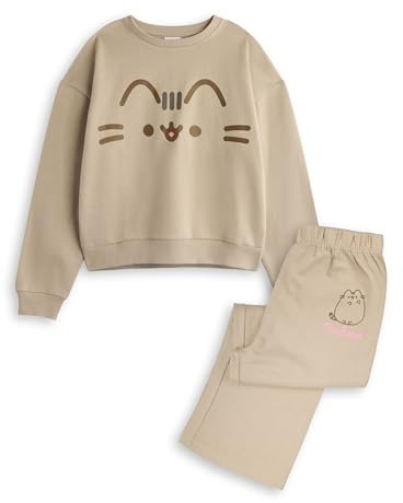 Pusheen Girls Sweatshirt & Joggers Set | Kids Big Pusheen Character Face Graphic Print Sweater & Bottoms in Beige | Childrens Crewneck Pullover and Sweatpants | Cute Cartoon Cat Merchandise Gift