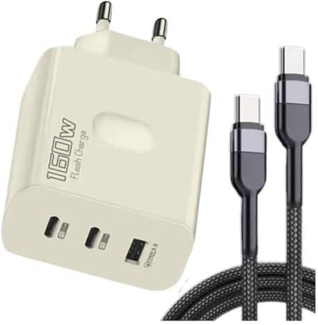 Cargador USB C, Cargador Universal Rápido 160W. Cargador USB 3 Puertos. Cable Resistente Tipo C a Tipo C para Dispositivos Electrónicos-Compatible con Smartphones, Tabletas y Más (Blanco)