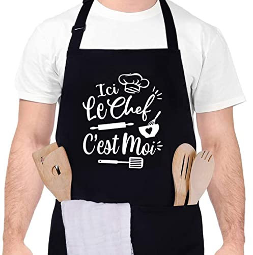 Halinuia Tablier de Cuisine pour Homme,Ici Le CHEF C’est Moi Tabliers de Cuisine Étanche Réglable Tablier Barbecue avec Poches Idée Cadeau Fête des pères