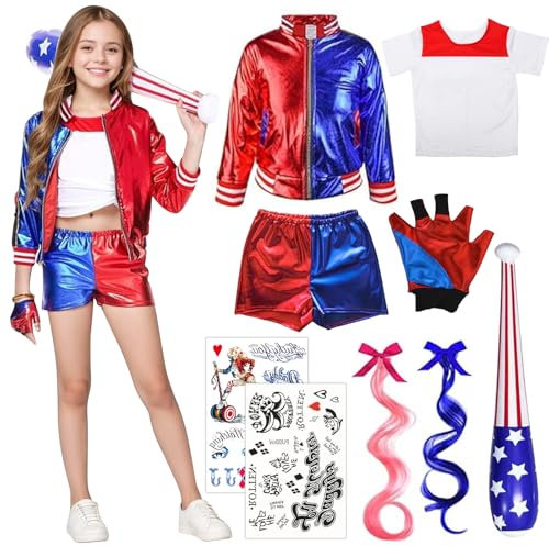 Gohytal Harly Quin Kostüme für Kinder, Quinn Kostüm für Damen Mädchen,Suicid Harle Queen Kostuem, Karneval Halloween Cosplay Kostüme Set mit Jacke, T-Shirt, Shorts, Handschuh, Perücken, Tatto (140)