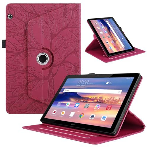 TEDTIKJT Coque pour Huawei MediaPad T5 10.1 Pouces 2018 Tablette Etui Rotatif 360 Housse PU Cuir Flip Support Protection Cover Case pour Huawei MediaPad T5 10.1 Tablette Coque,Rouge Arbre