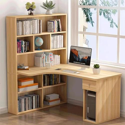 Modern Wood L Shaped Desk with Hutch Drawers and Storage Shelves Corner Computer Desk for Home Office Workstation