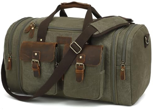 Imyth Reisetasche aus echtem Leder, 60 l, großes Fassungsvermögen, klassisch, Retro, erweiterbar, für Wochenende und Übernachtung, Handgepäck für Flugzeuge (Armeegrün), armee-grün, Europäischer und