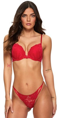 Ann Summers Sexy Lace Padded Boost Bra, A-DD Cup, Curve-Enhancing Womens Underwear with Graduated Push-Up Cups, Underwire Support & Plunge Fit for Double Cleavage Boost Red - Womens Lingerie