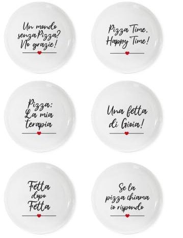 Tata Home Set 6 Piatti per Pizza Grandi con Decorazioni Scritte e Frasi Moderni in Porcellana Mod. Happy Shabby