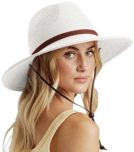DRESHOW Mujeres Sombrero de Panamá, Sombrero de Paja de ala Ancha, Sombrero de Verano con Correa de Barbilla, Sombrero de Playa Fedora UPF 50+