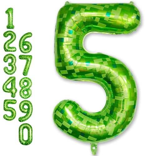 Foil 5 Balloons Number, 40 Inch Dark Kelly Green Pixel Number 5 Balloon for Boys, Big Lime Green Self Inflating 5 Balloon for Kids 5th Birthday Video Game Forest Golf Patrick's Day Party Decorations