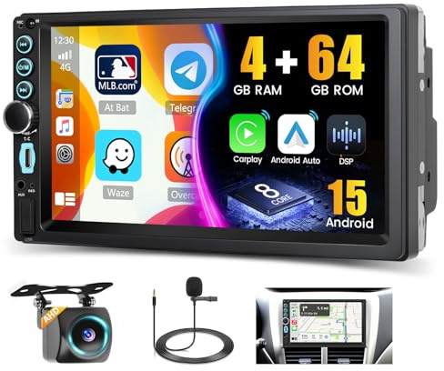 Hikity 8 Core/DSP/4G+64G Android 15 Autoradio 2 DIN, 7 Zoll IPS Touchscreen 2 DIN mit Wireless Carplay Wireless Android Auto GPS-Navigation Radio FM/RDS USB BT WiFi SWC + Rückfahrkamera + MIC