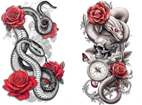 Lot de 2 feuilles de tatouage temporaire serpent avec roses - Tatouage tête de mort - T122 123
