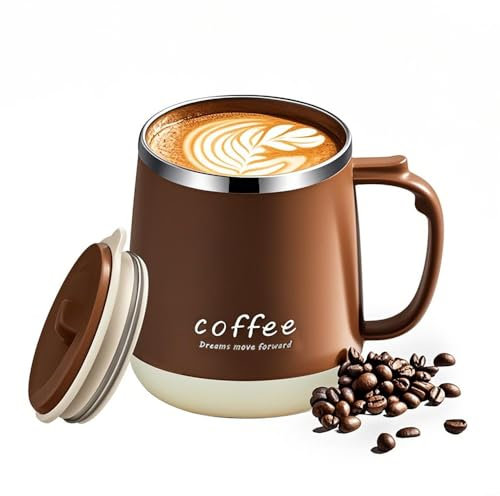 VPRO Taza de café, 350 ml, termo al vacío de doble pared, de acero inoxidable, negro, con tapa deslizante y asa (caqui, base blanca)