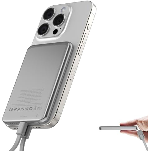 Ultra Slim Power Bank für Magsafe, Magnetische Power Bank, 5000mAh Powerbank 20W PD Wireless Schnellladung, Tragbares Ladegerät Ladekabel USB C, Externe Handyakku für iPhone 17/16/15/14/13/12 Series