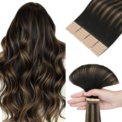 hotbanana Tape in Extensions Echthaar 40cm | Remy Hair Invisible Natürliches Schwarz bis Chestnut Braun Haarverlängerungen Echthaar Tapes 10PCS 25g
