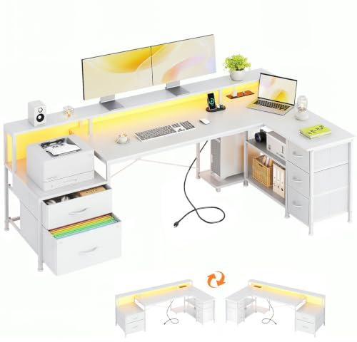 VERMESS L Shaped Desk with 5 Fabric Drawer, 74 Computer Desk with Power Outlet, Home Office Desk with Storage Shelves & File Drawer, Gaming Desk with Led Lights, White