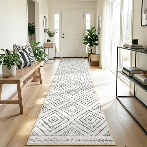 DEFYNEE Teppich Läufer Flur 80 x 300 cm, rutschfest Küchenläufer, Kurzflor Teppichläufer, Waschbar, Faltbar, Boho Design – für Flur, Küche, Wohnzimmer & Büro, Schwarz-Weiß