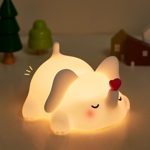 LAIBUY Süßes Herz Elefant Nachtlicht, LED Squishy Neuheit Tier Niedliche Lampe, Lebensmittelqualität Silikon Nachtlicht, Dimmbar Leuchtende Elefant Dekor für Zimmer College, Jungen Mädchen Weiß