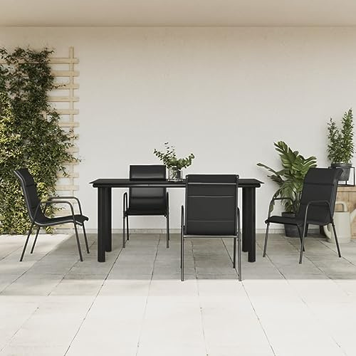 JHQHSM Salon de jardin 5 pièces en acier et textilène noir avec structure en acier revêtu par pulvérisation et plateau en verre trempé pour meubles de jardin de terrasse